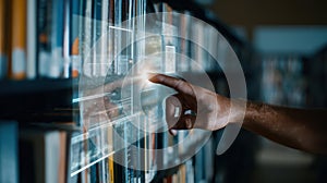 Medium shot of a user interacting with a digital interface overlay on library shelves visualizing algorithmic shelf