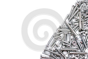 Medium Size Collection Of Iron Screws, Wood Screws and Bolts In Diagonal Shape And Free Space On The Left Side