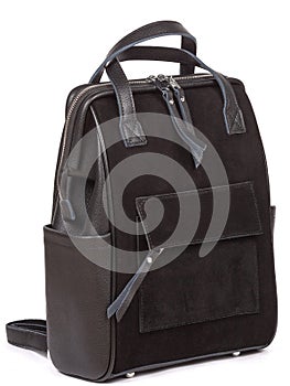 Medium size leather woman's balck backpack isolated on white background