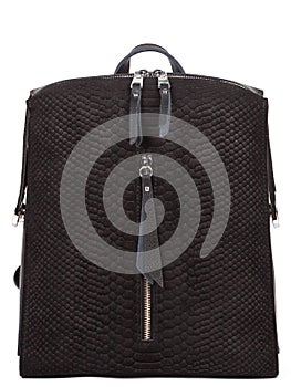 Medium size leather woman's balck backpack isolated on white background