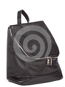 Medium size leather woman's balck backpack isolated on white background