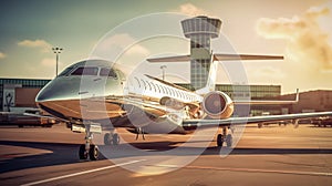 Medium-Sized Passenger Aircraft on Tarmac in Front of an Airport Terminal. Generative ai