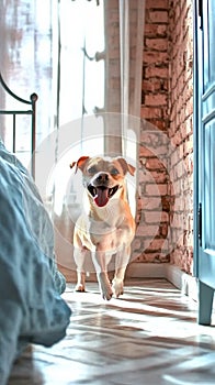 A medium-sized puppy runs around the apartment photo