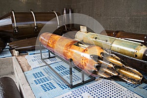 Medium view of captured USAF rocket launching pod with greased tubes on display in Vietnam