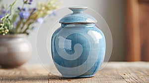 A mediumsized ceramic jar with a fitted lid featuring a soothing blue glaze and perfect for storing tea bags or loose