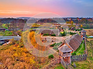 Mediveal reconstruction village at evening