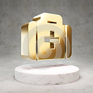Medkit icon. Shiny golden Medkit symbol on white marble podium