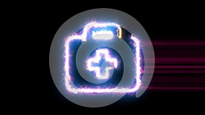Medkit symbol reveal. Blue, yellow, pink colors smoothly shimmer and form a neon electric number