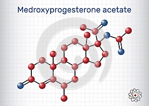 Medroxyprogesterone acetate, Molecule model. Sheet of paper in a cage