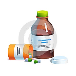 Meds, glass bottle with liquid medicine, pill tube