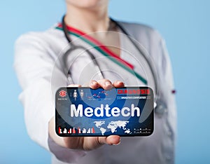 Medtech medical technology information integration internet big data concept on virtual screen