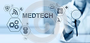 Medtech medical technology information integration internet big data concept on virtual screen. Doctor with stethoscope.