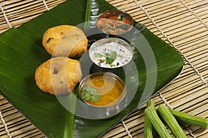 Medu wada with sambar and chutney, South Indian breakfast or snack dish