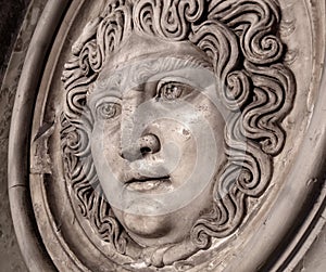 Medusa face sculpture. Head portrait of MedusaIn Greek mythology Medusa was a monster, a Gorgon, a winged human female