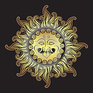 Medusa Gorgon golden head in flame hand drawn line art and dot work print design isolated vector illustration. Gorgoneion is a