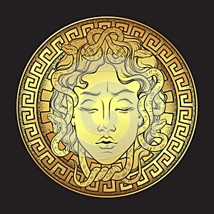 Medusa Gorgon golden head on a shield hand drawn line art and dot work print design isolated vector illustration. Gorgoneion is a