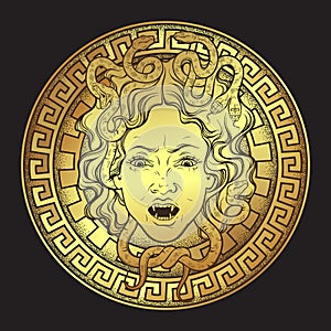 Medusa Gorgon golden head on a shield hand drawn line art and dot work print design isolated vector illustration. Gorgoneion is a