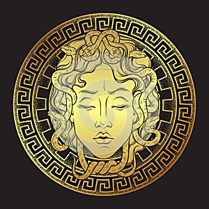 Medusa Gorgon golden head on a shield hand drawn line art and dot work print design isolated vector illustration. Gorgoneion is a photo