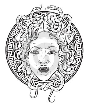 Medusa Gorgon head on a shield hand drawn line art and dot work tattoo or print design isolated vector illustration. Gorgoneion is