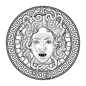 Medusa Gorgon head on a shield hand drawn line art and dot work tattoo or print design isolated vector illustration. Gorgoneion is