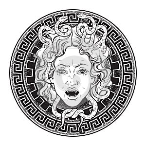 Medusa Gorgon head on a shield hand drawn line art and dot work tattoo or print design isolated vector illustration. Gorgoneion is photo