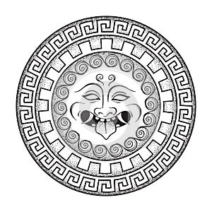 Medusa Gorgon head on a shield hand drawn line art and dot work tattoo or print design isolated vector illustration. Gorgoneion is