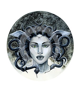 Medusa Gorgon Sake Haired Woman in the round frame. Watercolor painting.
