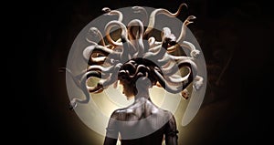 Medusa\'s Enchanted Reflections. stone statue. Sake, serpent, crown head. Greek mythology. Medusa goddess.