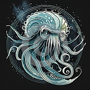 Medusa. Vector Illustration of a Jellyfish Gorgon. Greek mythology logo design black background