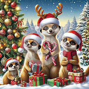 Meerkat Christmas, Illustration of a family of Meerkats, Christmas tree