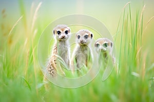 meerkat family on alert in grassy habitat