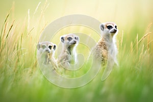 meerkat family on alert in grassy habitat