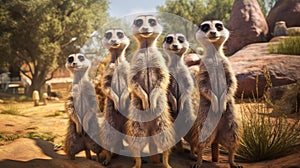 A Meerkat family standing in front of their burrow. Generative ai