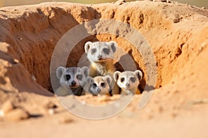 meerkat family standing guard at their burrow