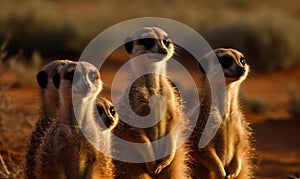 A meerkat family stands and watches the area.