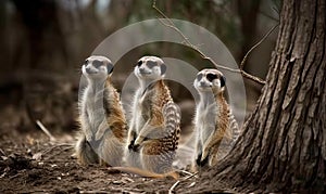 A meerkat family stands and watches the area.