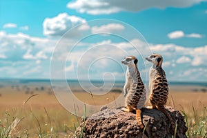 Meerkat family watches for danger in vast African savanna near their burrow. Concept Wildlife