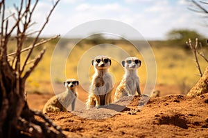 Meerkat family watchful and look curiously in the desert grassland, midday. Generative AI