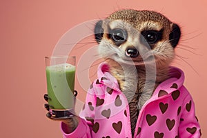 Meerkat in pajamas promoting healthy lifestyle with green smoothie.