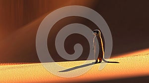 Meerkat standing in desert at sunset, casting long shadow