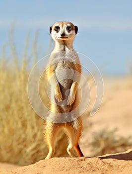 Meerkat standing upright and alert in the desert