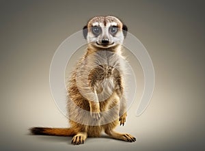 Meerkat standing upright, showcasing its detailed fur and alert posture against a gradient background.