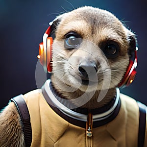 Meerkat wearing headphones and listening to music