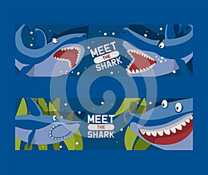 Meet big sharks set of banners vector illustration. Cartoon beautiful coral reef and fishes in blue sea background
