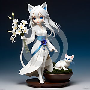 Meet Luna, the elegant and graceful humanoid kitty cat girl with shimmering white hair and piercing blue eyes.