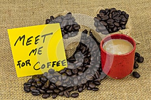 Meet me note coffee break meeting together beans burlap bag