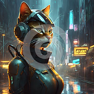 Meet Mia, an anthropomorphic feline robot girl with a sleek cyberpunk aesthetic. She combines earth tones in her design