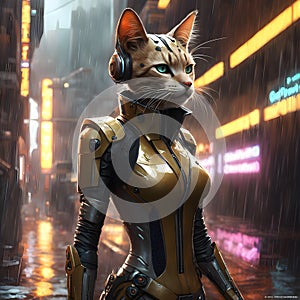 Meet Mia, an anthropomorphic feline robot girl with a sleek cyberpunk aesthetic. She combines earth tones in her design