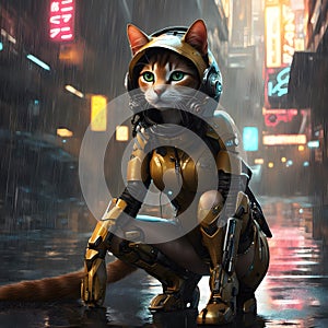 Meet Mia, an anthropomorphic feline robot girl with a sleek cyberpunk aesthetic. She combines earth tones in her design