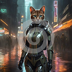 Meet Mia, an anthropomorphic feline robot girl with a sleek cyberpunk aesthetic. She combines earth tones in her design